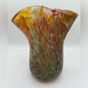 Murano Style Handkerchief Vase Signed 8" Orange, Brown Red Confetti Glass SIGNED